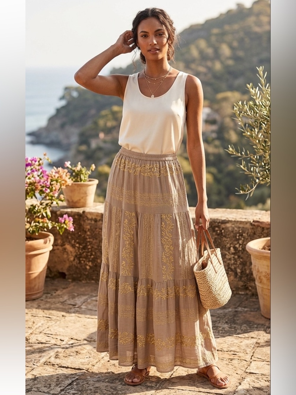 NWT Hale Bob Sasha Gold Embroidered Tiered Maxi Skirt Sand Sand/Gold XXS
